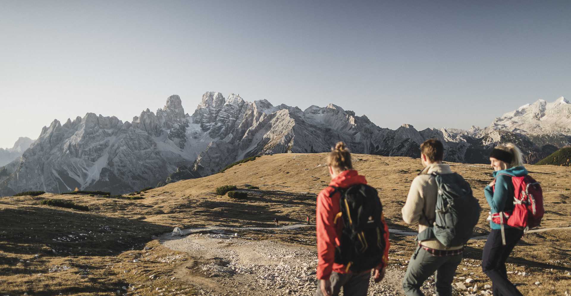 3 Wanderer sind auf einer Anhöhe